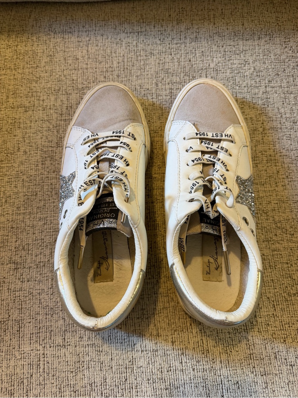 Vintage Havana White leather sneakers with silver glitter star #glitter #leather